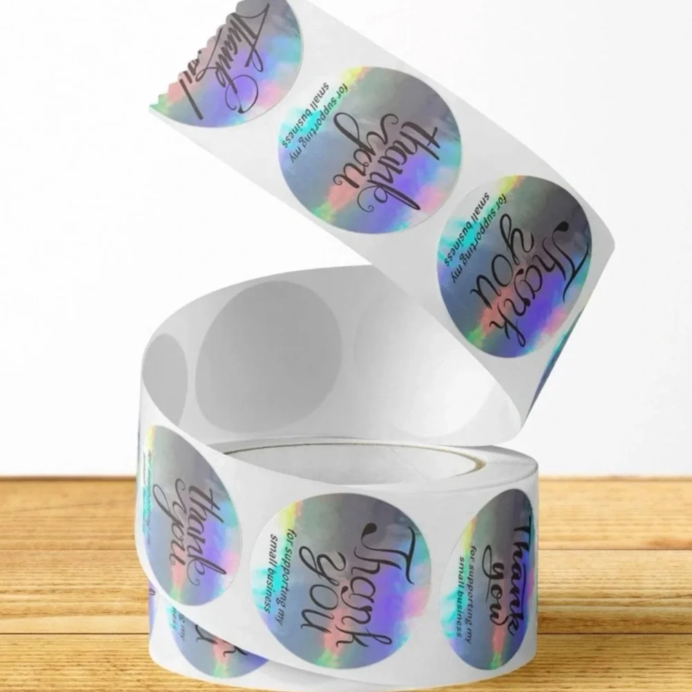 New 500 Pcs Laser Holographic Thank You  Silver Round Business Adhesive Stickers - Picture 2 of 10